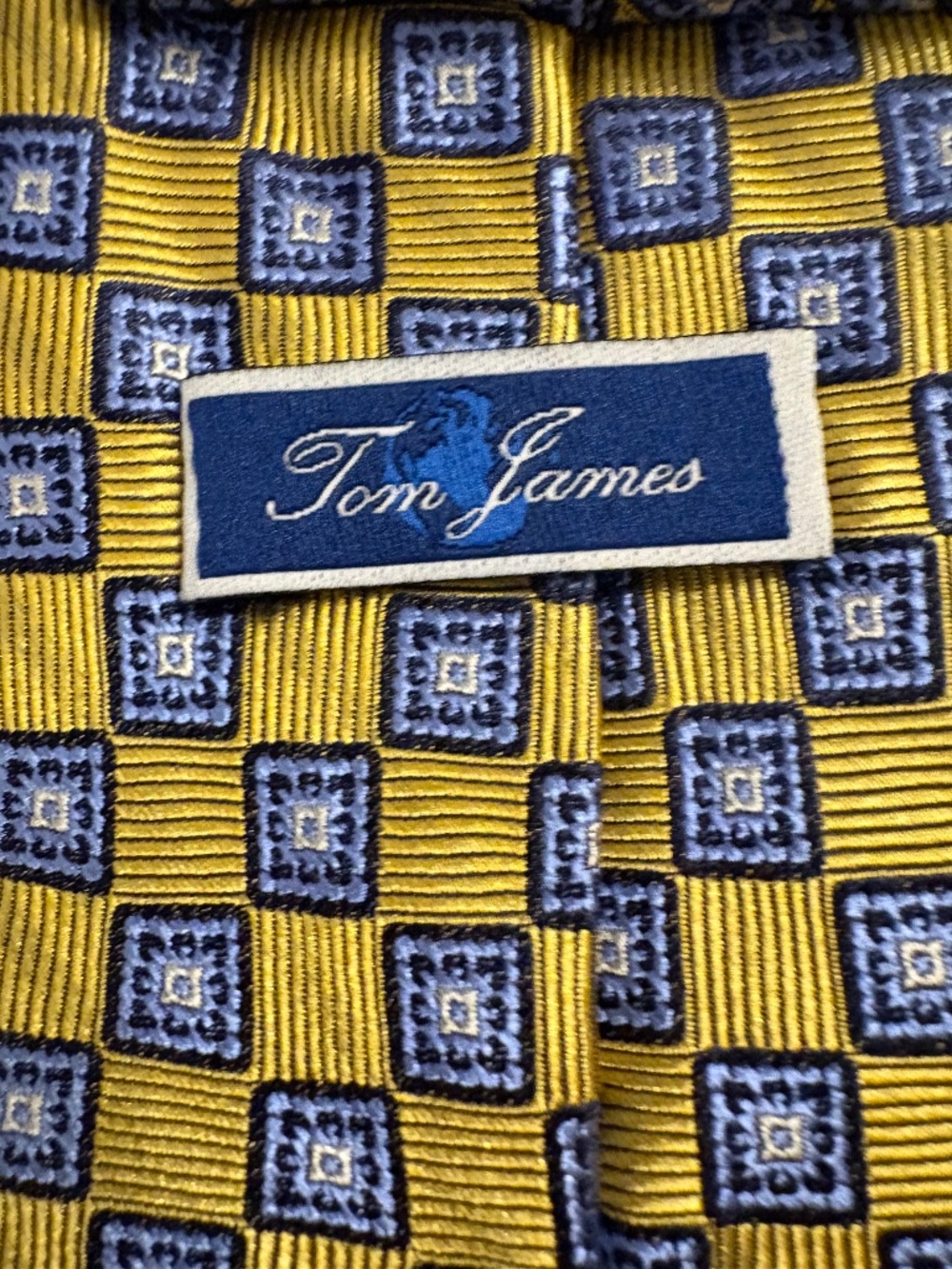 Tom James Silk Blend Tie Gold Blue Geometric Checkered Pattern